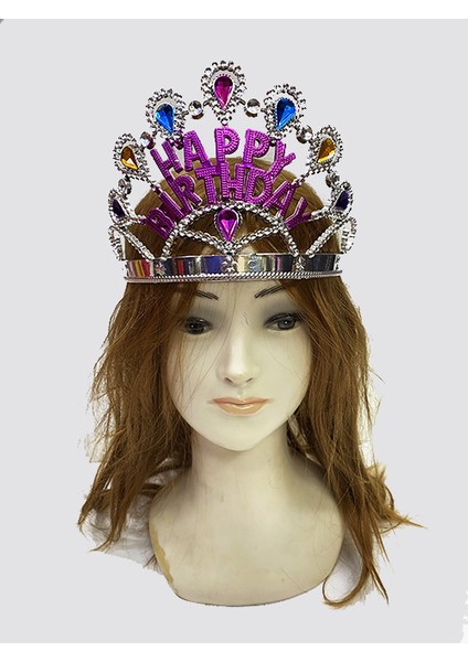 Gümüş Renk Happy Birthday Yazılı Doğum Günü Tacı 60 cm