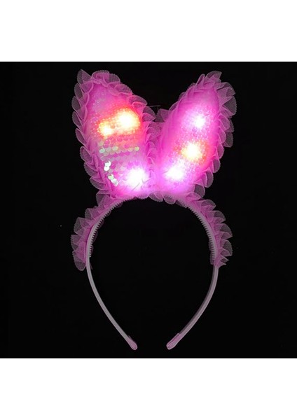 Kenarları Dantelli Fuşya Pullu Payetli LED Işıklı Tavşan Kulak Taç 23X19 cm