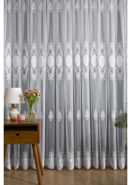 Kullanıma Hazır Brdy Desen Dantelli Optibeyaz Renk (1x3) Sık Pileli Tül Perde