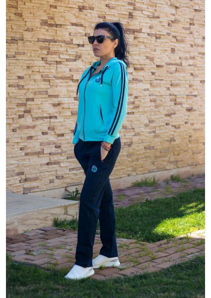 Kadın Turkuaz Fermuarlı Kapüşonlu Dalgıç Scuba Kumaş Spor Eşofman Takımı 21KESTAX11 indirimleri