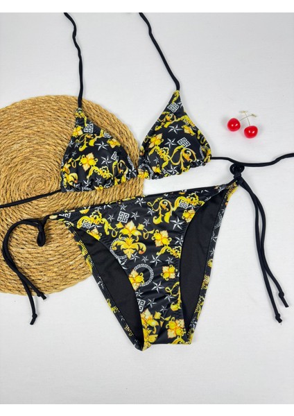 Siyah Sarı Desenli Üçgen Ipli Kadın Bikini Takımı