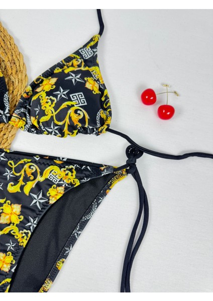 Siyah Sarı Desenli Üçgen Ipli Kadın Bikini Takımı fiyatları