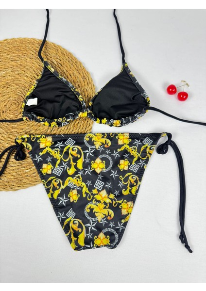 Siyah Sarı Desenli Üçgen Ipli Kadın Bikini Takımı modelleri