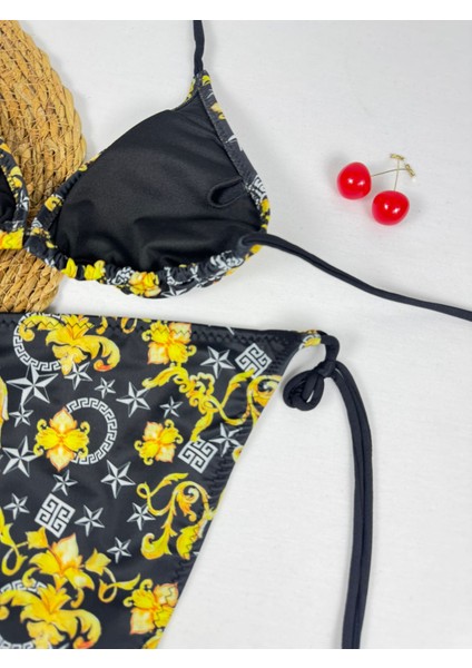 Siyah Sarı Desenli Üçgen Ipli Kadın Bikini Takımı fırsatları