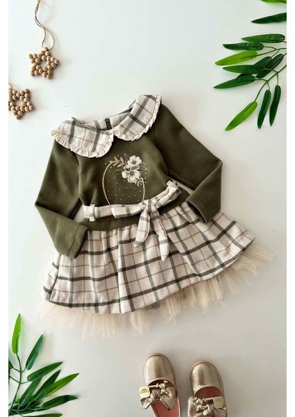 Ekose Bebe Yaka Çiçek Nakış Detaylı Tüllü Kız çocuk elbise - Haki