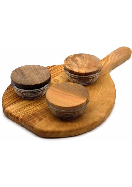 Ahşap Saplı Tahta ve 3 Adet Ahşap Kapaklı Cam Sosluk Set - %100 Zeytin Ağacı