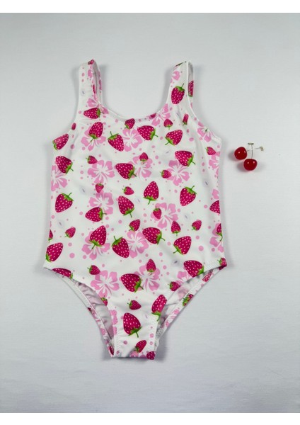 Çilek Desenli Üçgen Bisiklet Yaka Çocuk Mayo