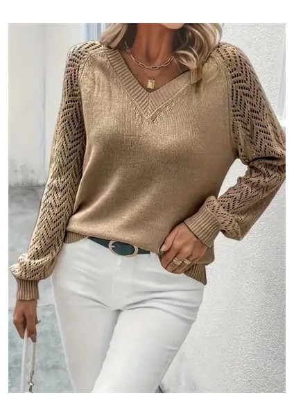 Kadın Uzun Kollu V Yaka Kol Delikli Baklava Desen Triko Kazak