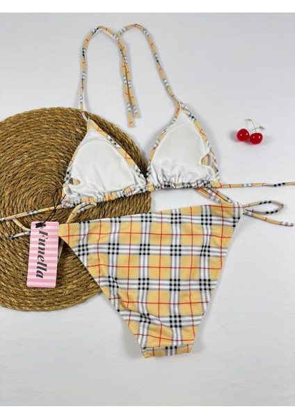 Ekose Çizgili Desenli Üçgen Ip Bağlamalı Kadın Bikini Takımı modelleri