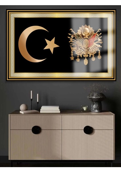 Ay Yıldız ve Osmanlı Tuğrası Ultra Yüksek Çözünürlüklü Lüks Kırılmaz Cam Tablo Ofis Hediyes