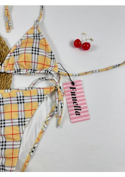 Ekose Çizgili Desenli Üçgen Ip Bağlamalı Kadın Bikini Takımı fiyatları