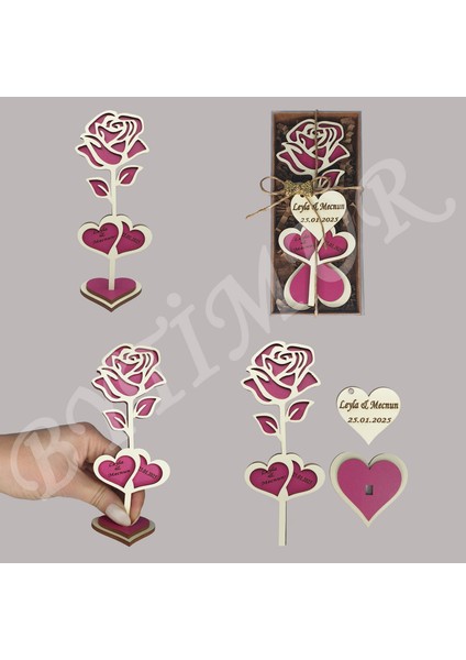 Düğün Nişan Nikah Kına Söz Hediyelik Açmış Gül Model Iki Kalp Süslü Kutu 50 Adet