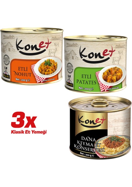 3'lü Paket Klasik Et Yemeği - Hazır Yemek / Etli Nohut - Etli Patates - Dana Kıyma Et Konservesi 200g