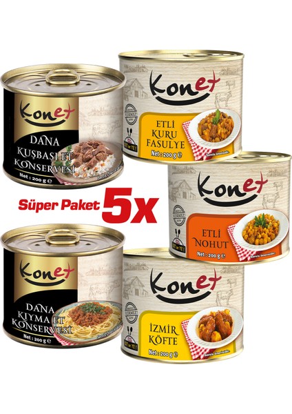 5'li Süper Paket - Hazır Yemek / Dana Kuşbaşı Et Konservesi - Etli Kuru Fasulye - Etli Nohut - Dana Kıyma Et Kosnervesi - İzmir Köfte 200g