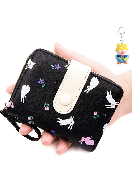 Sevimli Tavşan Baskılı Bayan Cüzdan Kısa Akordon Kart Yuvası Toka Para Cüzdanı Kimlik Çantası Fermuarlı Clutch (Yurt Dışından)