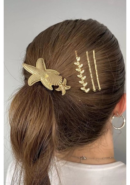 Altın Renk Deniz Yıldızı Figürlü Lastik ve Tel Toka Set