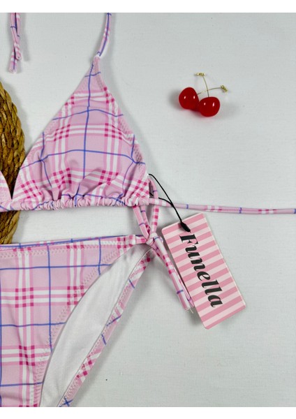 Pembe Ekose Çizgili Üçgen Ipli Kadın Bikini Takımı fiyatları
