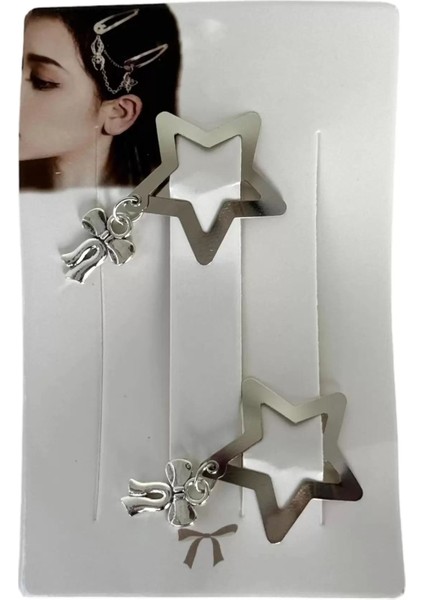 Gümüş Renk Yıldız Figürlü Fiyonk Detaylı Metal Yan Toka Set fiyatları
