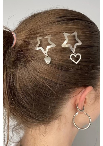 2'li Gümüş Renk Yıldız Figürlü Kalp Detaylı Yan Toka Set