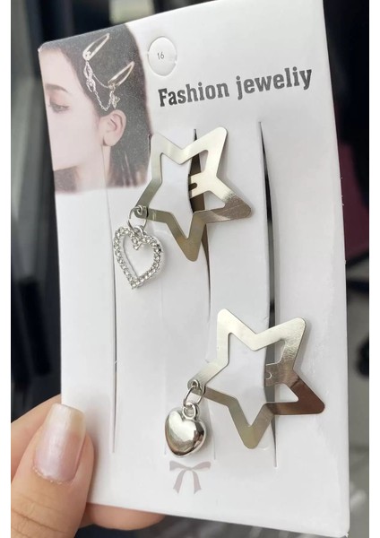 2'li Gümüş Renk Yıldız Figürlü Kalp Detaylı Yan Toka Set fiyatları
