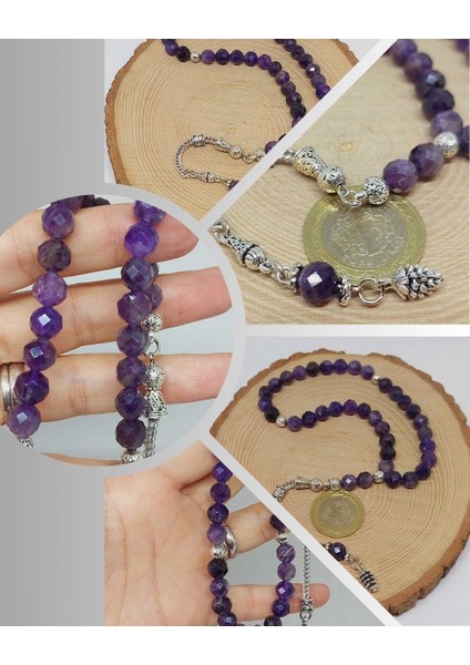 Ametist Taşı Koyu Renk Üst Segment Faset Kesim 33LÜK Tesbih 8mm (39700)