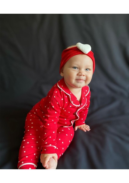 Fitilli Esnek Kalp Baskılı Kız/bebek Çocuk Ikili Pijama Takım