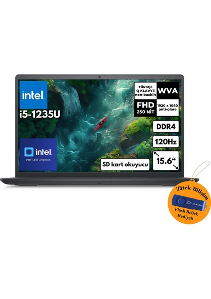 Inspiron 3520 I5-1235U 32 GB Ram 512 GB SSD 15.6" 120Hz Freedos I352010030U ZI704 + Zitek 16 GB Flash Bellek