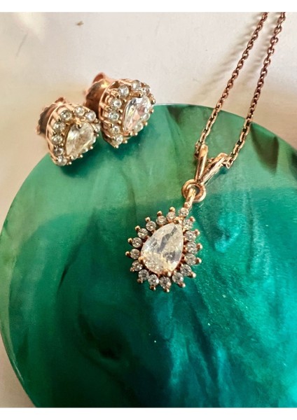 Rose Çelik Damla Model Zirkon Taş Kolye Küpe Set Takım