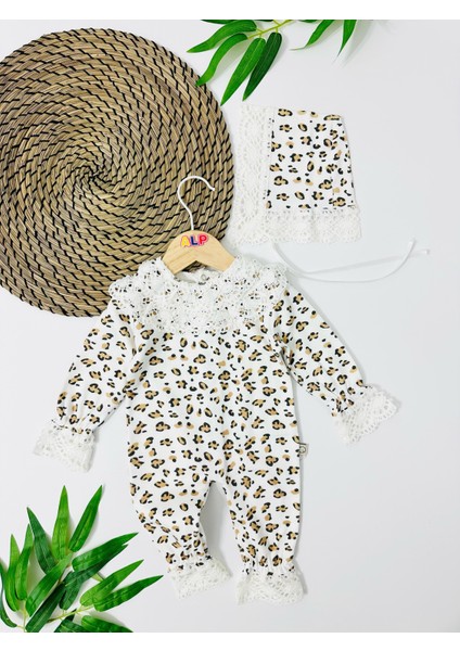 Laos Fisto Detaylı Leopar Desen Arkadan Çıtçıtlı Mevsimlik Tulum Set - Beyaz