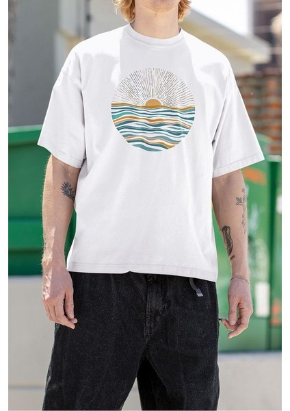 Yaz Temalı Manzara Baskılı Unisex Oversize Tişört