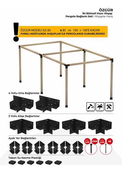 Özgür 85 x 85'den 100 x 100 mm'ye Kadar Ahşaplar Için Iki Bölümlü Pergola Bağlantı Seti