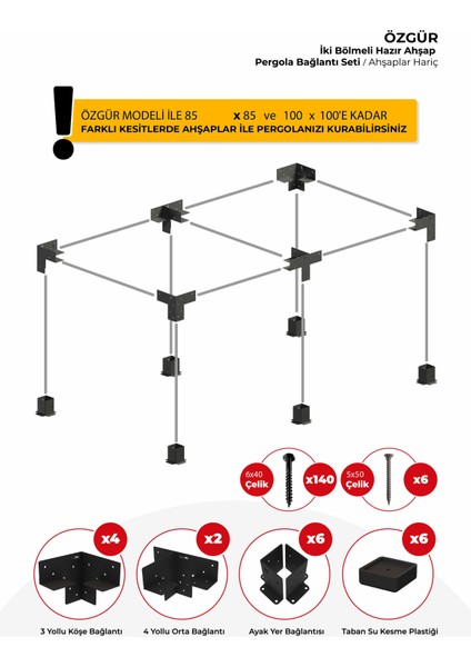 Özgür 85 x 85'den 100 x 100 mm'ye Kadar Ahşaplar Için Iki Bölümlü Pergola Bağlantı Seti fiyatları