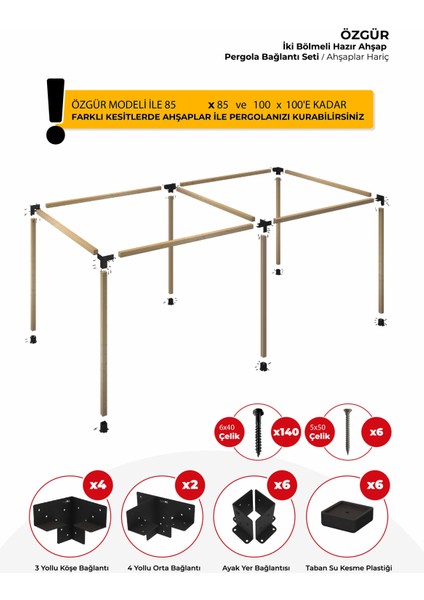 Özgür 85 x 85'den 100 x 100 mm'ye Kadar Ahşaplar Için Iki Bölümlü Pergola Bağlantı Seti modelleri