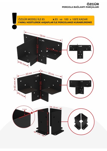 Özgür 85 x 85'den 100 x 100 mm'ye Kadar Ahşaplar Için Iki Bölümlü Pergola Bağlantı Seti fırsatları