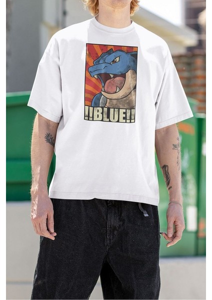 !! Blue !! Pokemon Çizgi Film Baskılı Unisex Oversize Tişört