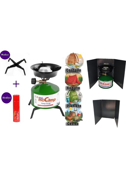 Iksa Mocamp Kamp Ocağı + Rüzgarlık + ayaklık + Çakmak Gazı 4'lü Set