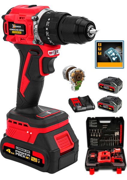 Germany W-2180 Darbeli Brushless Motor Samsung Pilli 2 Akülü Vidalama Matkap + 84 Parça Aksesuar Set