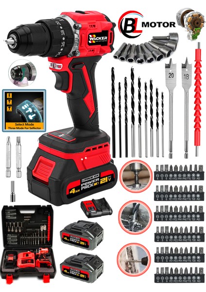 Germany W-2180 Darbeli Brushless Motor Samsung Pilli 2 Akülü Vidalama Matkap + 84 Parça Aksesuar Set fiyatları