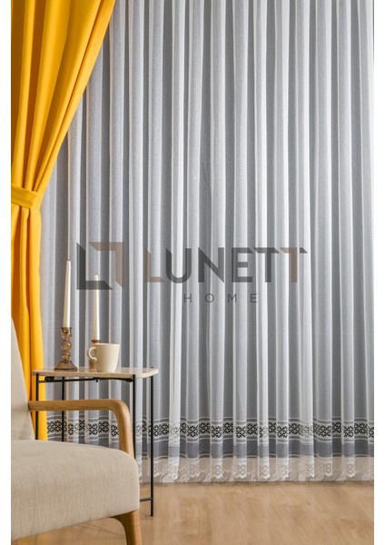 Kullanıma Hazır Ekru Gri Renk Efes Desen (1x3) Sık Pileli Tül Perde