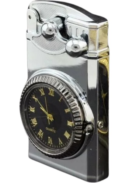 Gümüş-Gold Saat Desenli Çift Torch Pürmüz Metal Puro Çakmağı