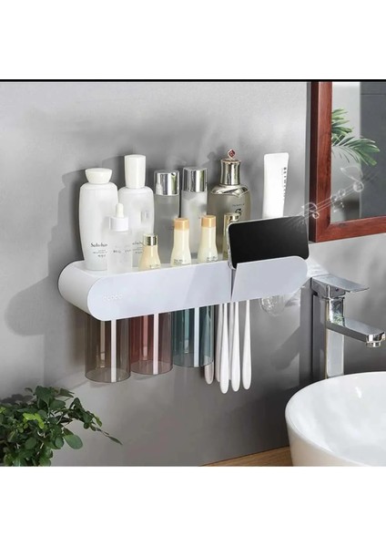 Ecoco Yapışkanlı Manyetik 3'lü Bardak Tutuculu Diş Macunu Sıkacağı ve Tutacağı Banyo Düzenleyeci Gri