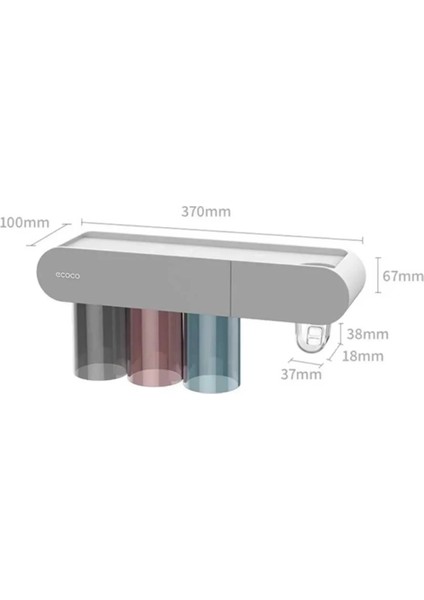 Ecoco Yapışkanlı Manyetik 3'lü Bardak Tutuculu Diş Macunu Sıkacağı ve Tutacağı Banyo Düzenleyeci Gri