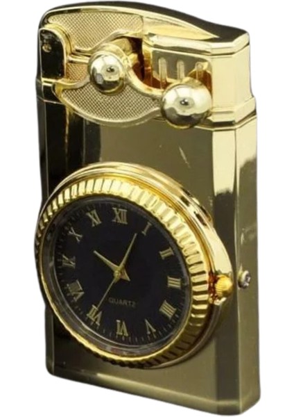 Gold Saat Desenli Çift Torch Pürmüz Metal Puro Çakmağı