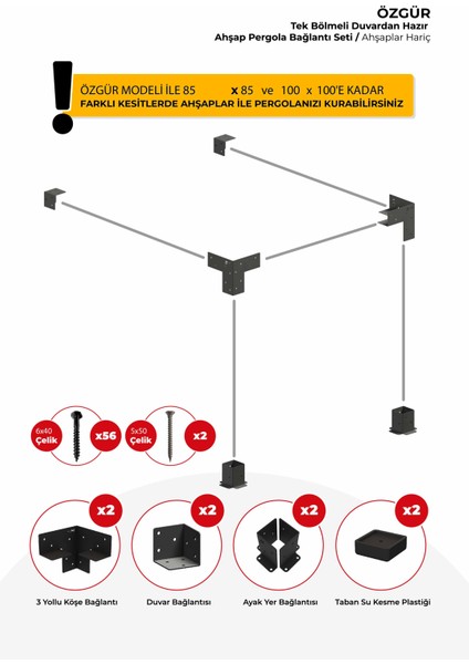 Özgür Duvardan 85 x 85'den 100 x 100 mm'ye Kadar Ahşaplar Için Tek Bölümlü Pergola Bağlantı Seti