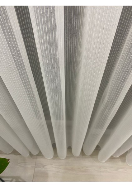 4020 Gümüş Simli Şeritli Modern Ekru Tül Perde 1/3 Sık Pileli