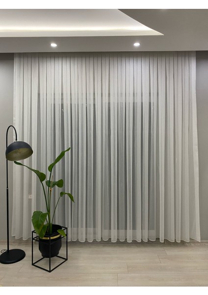 4020 Gümüş Simli Şeritli Modern Ekru Tül Perde 1/2,5 Orta Normal Pileli