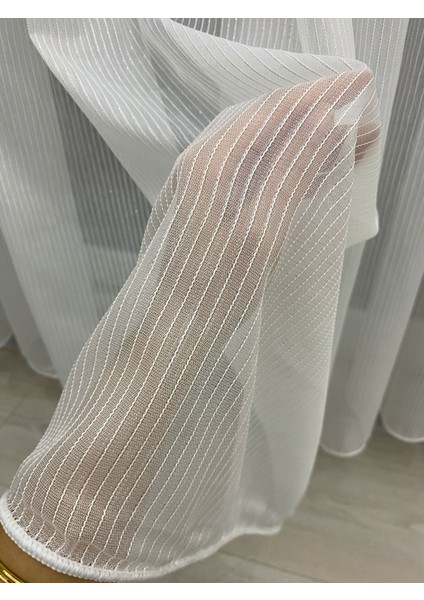 4020 Gümüş Simli Şeritli Modern Ekru Tül Perde 1/3 Sık Pileli