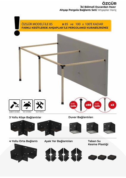 Özgür Duvardan 85 x 85'den 100 x 100 mm'ye Kadar Ahşaplar Için Iki Bölümlü Pergola Bağlantı Seti