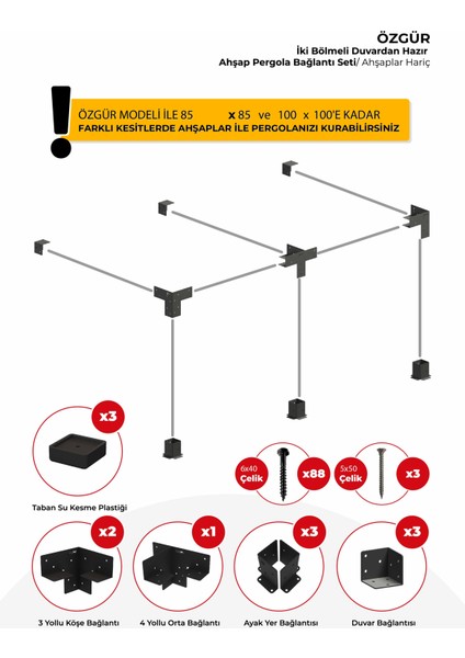 Özgür Duvardan 85 x 85'den 100 x 100 mm'ye Kadar Ahşaplar Için Iki Bölümlü Pergola Bağlantı Seti fiyatları