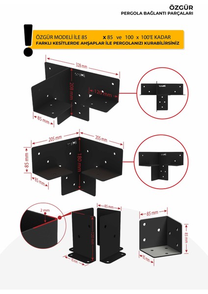 Özgür Duvardan 85 x 85'den 100 x 100 mm'ye Kadar Ahşaplar Için Iki Bölümlü Pergola Bağlantı Seti fırsatları